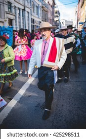 VALPARAISO, QUINTA REGION / CHILE - MAY 21 2016 - Unidentified group of men and women dressed up with typical chilean customs during the festivities of 21th May.