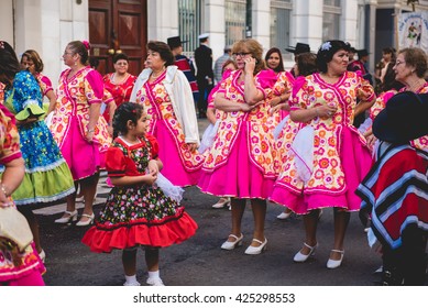 VALPARAISO, QUINTA REGION / CHILE - MAY 21 2016 - Unidentified group of men and women dressed up with typical chilean customs during the festivities of 21th May.