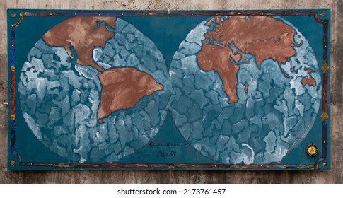 Val'quirico, Tlaxcala April 18 2022: Old 1400's World Map Mapa Mundi Cartographic Continent Draawing Cartography Historic History Background