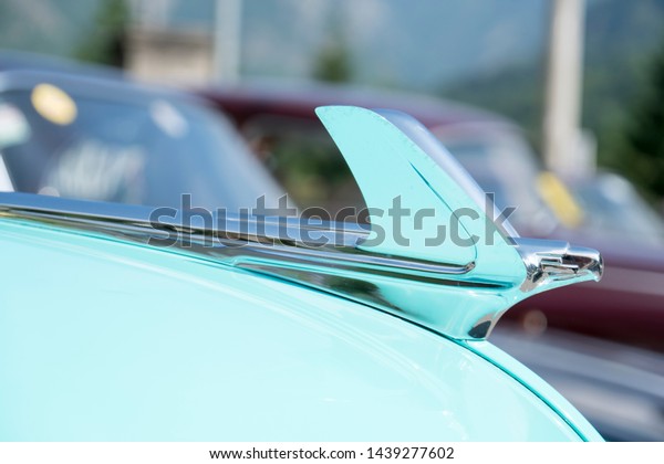 Valsesia, Italy\
- June 30, 2019: Classic car, detail of a 1950 Chevrolet De Luxe\
during a meeting for historic\
cars.