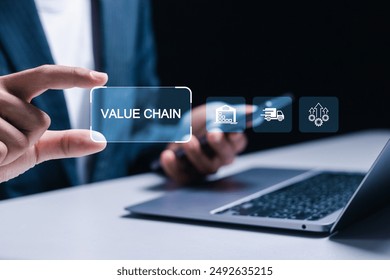 Value chain business concept. Businessman using laptop with value chain icon on virtual screen. Process of procuring raw materials until the product reaches the customer.  - Powered by Shutterstock