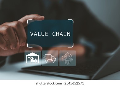 Value chain business concept. Businessman using laptop with value chain icon on virtual screen. Process of procuring raw materials until the product reaches the customer. - Powered by Shutterstock