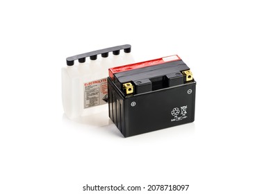 Valve Regulated Lead Acid Dry Charged Battery With Electrolyte Pack, Isolated On White