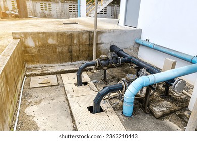 Valves and pipes for wastewater treatment systems. Modern urban therapy facility Powerful pipeline and pump State-of-the-art automation protection and control.
