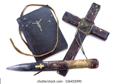 Vampire Killer Objects Isolated (Bible, Wooden Cross And Stake)