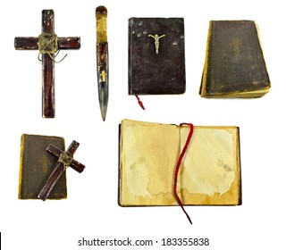 Vampire Killer Objects Isolated: Cross, Wooden Stake, The Bible