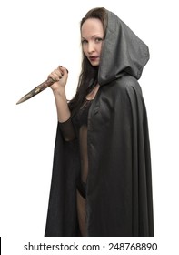 Vampire Killer Wearing Black Mantle, Young Woman Holding Wooden Stake Isolated On White, Halloween Image