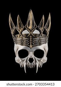 Vampire skull with long sharp fangs and ancient golden crown on black background