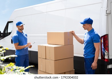 Van Courier And Professional Movers Unload Truck