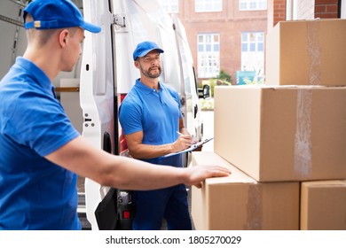 Van Courier And Professional Movers Unload Truck