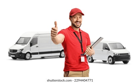 Van driver standing and gesturing a thumb up sign isolated on white background - Powered by Shutterstock