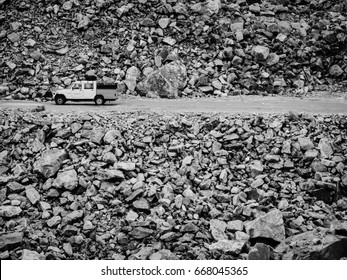 Van Driving In Rugged Rock Road In Leh Ladakh, India