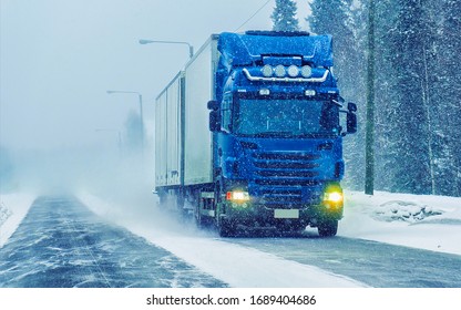 Van In The Road Of Winter Rovaniemi, Lapland, Finland