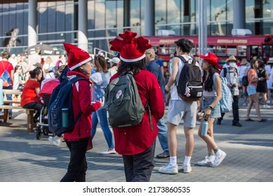 Vancouver, BC, Canada, 7 01 2022, The Asian Women In Canada Day Hats In The Crowd During The Canada Day Celebrations In Downtown