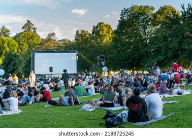 Vancouver BC Canada. August 2022. Summer Outdoor Movie At Second Beach, Vancouver BC Canada