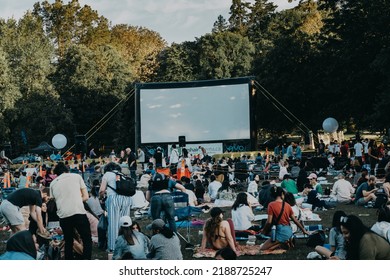 Vancouver BC Canada. August 2022. Summer Outdoor Movie At Second Beach, Vancouver BC Canada