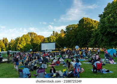 Vancouver BC Canada. August 2022. Summer Outdoor Movie At Second Beach, Vancouver BC Canada