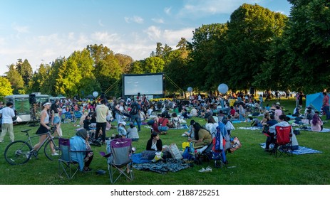 Vancouver BC Canada. August 2022. Summer Outdoor Movie At Second Beach, Vancouver BC Canada