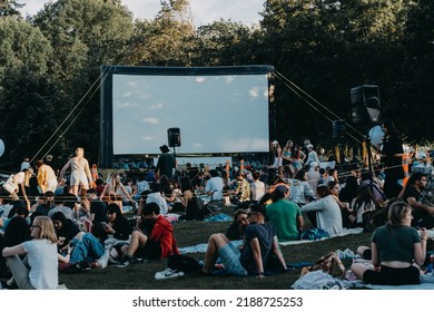 Vancouver BC Canada. August 2022. Summer Outdoor Movie At Second Beach, Vancouver BC Canada