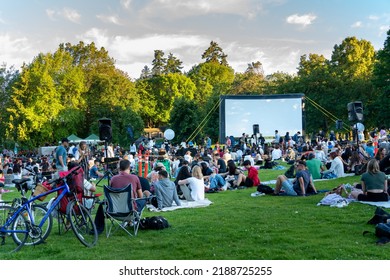 Vancouver BC Canada. August 2022. Summer Outdoor Movie At Second Beach, Vancouver BC Canada