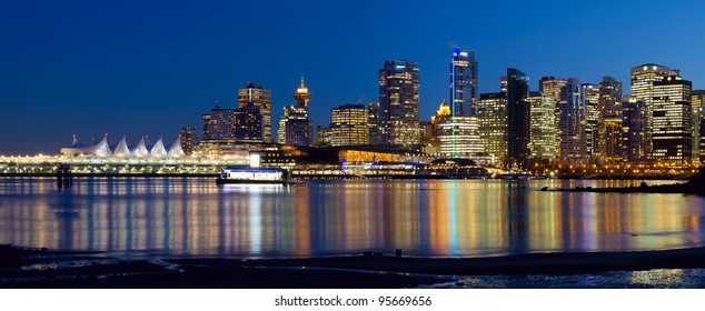 Vancouver BC Canada City Skyline Reflection At Blue Hour Panorama