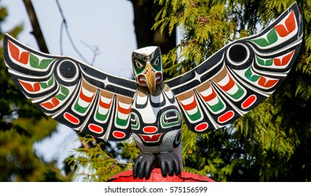 VANCOUVER BC CANADA Feb 9,2017 :First Nations Totem Poles Located In Stanley Park Is A Popular Tourist Attraction Year Around. Representing Craftsmanship And Unique Culture Of Indigenous People.