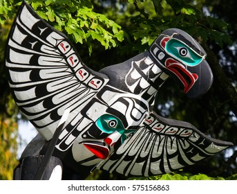 VANCOUVER BC CANADA Feb 9,2017 :First Nations Totem Poles Located In Stanley Park Is A Popular Tourist Attraction Year Around. Representing Craftsmanship And Unique Culture Of Indigenous People.