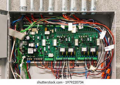 VANCOUVER, BC, CANADA - JANUARY 1, 2021: Open Fire Alarm Cabinet With Visible Circuit Board. Single-stage Fire Alarm System In Electrical Service Room Of Residential Or Commercial Building. 