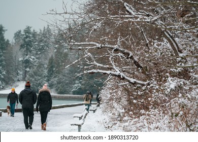 Vancouver BC Canada. January 2020.Vancouver Sea Wall Winter Snowy  Views