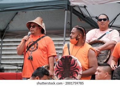 Vancouver, BC, Canada - July 1, 2021: First Nations Man Speaks At A 