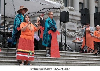 Vancouver, BC, Canada - July 1, 2021: Local First Nations Leader Speaks At A 