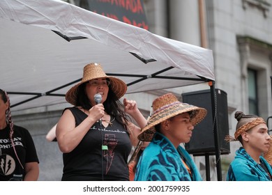 Vancouver, BC, Canada - July 1, 2021: Local First Nations Leader Speaks At A 