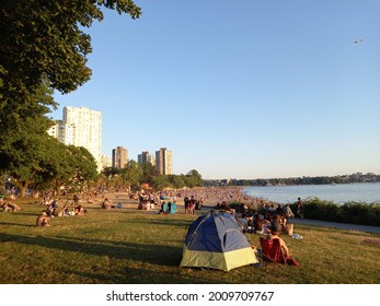 Vancouver Bc Canada, July 11 ,2021.Camping Tent With Vancouver English Bay Beach Summer Backgrounds