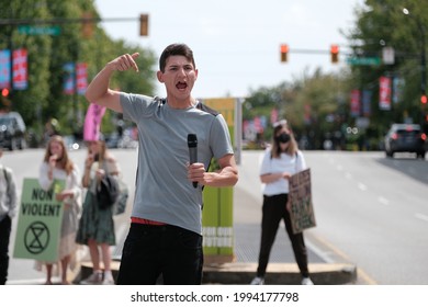 Vancouver, BC, Canada - June 12, 2021: Young Indigenous Man Gives A Passionate Speech At A Rally In Protest Of The Canadian Residential School System