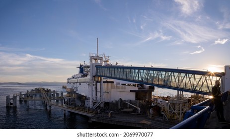 VANCOUVER, BC, CANADA - JUNE 27, 2021: BC Ferry Coming Into Tsawwassen Ferry Terminal.