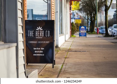 VANCOUVER, BC, CANADA - NOV 29, 2018: Signage Outside A Vancouver Dispensary On Kingsway Ave In The Month Following Marijuana Legalization In Canada.
