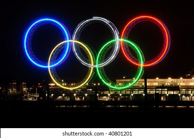 VANCOUVER, BC, CANADA - NOVEMBER 11: Vancouver 2010 Winter Olympic Games Rings Shine On November 11, 2009 At Burrard Inlet, Vancouver, BC.