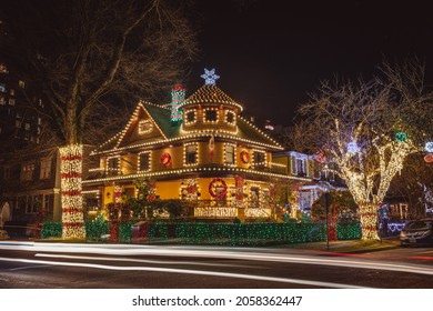 Vancouver BC Canada November 2020: Best Christmas Lights Decoration House And Light Display  In Vancouver Downtown 995 Bute St 1203 Nelson St Rand House