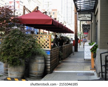 Vancouver BC Canada- October 21, 2021: Sidewalk View Of An Outdoor Patio Restaurant In Upscale Yaletown. 