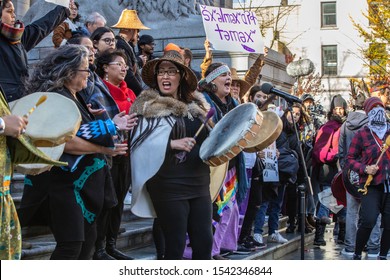 Vancouver, BC / Canada – October 25, 2019: First Nation representatives gather to march with Swedish climate activist, Greta Thunberg,  to protest Canada’s and the world’s inaction on climate change.
