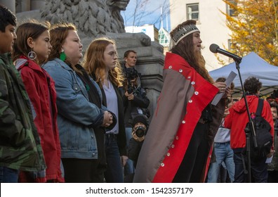 Vancouver, BC / Canada – October 25, 2019: Speakers From Canadian First Nations Tribal Leadership Join In Solidarity With Greta Thunberg To Protest Canada’s Inaction On Global Climate Change.