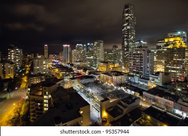 Vancouver BC Canada Robson Street Shopping District Cityscape At Night