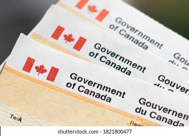 Vancouver, BC / Canada - September 25, 2020: Canada Government Benefit Cheques To Stimulate Economy During Covid-19 Pandemic