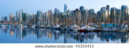 Vancouver BC Canada Skyline and Marina along False Creek at Blue Hour Panorama