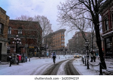 Vancouver BC Canada,February 2019. Gas Town  Vancouver With Snow Backgrounds 