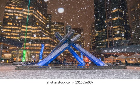 Vancouver BC Canada,February 2019. Vancouver Olympic Torch With Snow Backgrounds