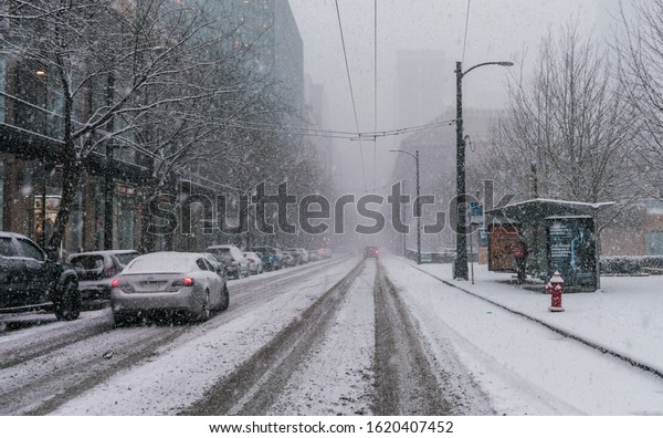 Vancouver BC Canada,February 2019.Vancouver\
city heavy snowfall\
backgrounds