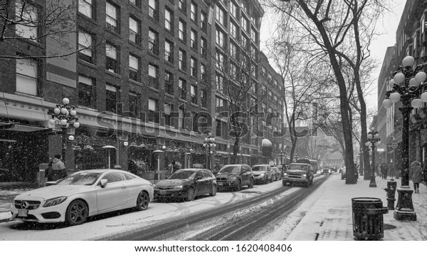 Vancouver BC Canada,February\
2019.Vancouver city heavy snowfall black and white\
backgrounds