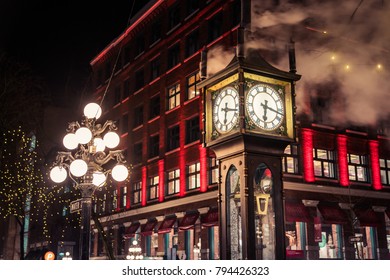 Vancouver BC Canada,January 13 2018,steam Clock And Gas Town Street Night 