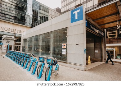 Vancouver BC Canada.March 22,2020. Granville Street Sky Train Station Vancouver Downtown With Covid19 Backgrounds